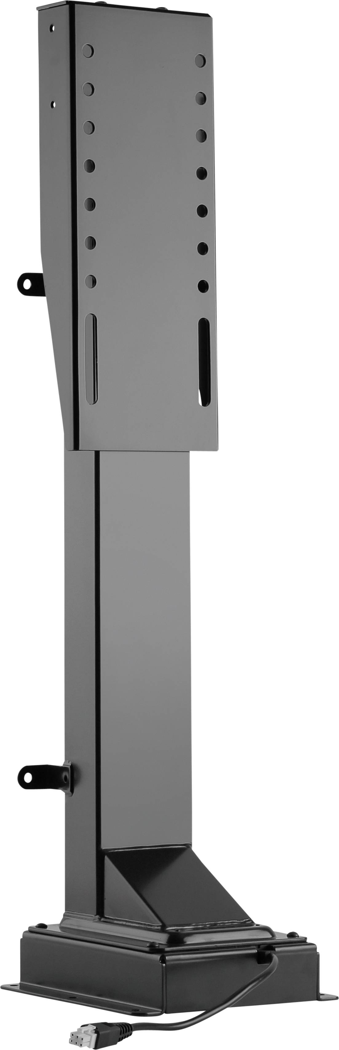 Een zwarte, rechtopstaande metalen standaard met meerdere gaten en een kabelaansluiting aan de voet.