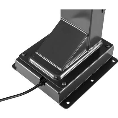 Een zwarte metalen standaard met een rechthoekige voet, waaraan een kabel is bevestigd.
