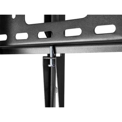 Close-up van een zwarte metalen beugel met meerdere sleuven en bevestigingsschroeven, die structurele ondersteuning biedt.