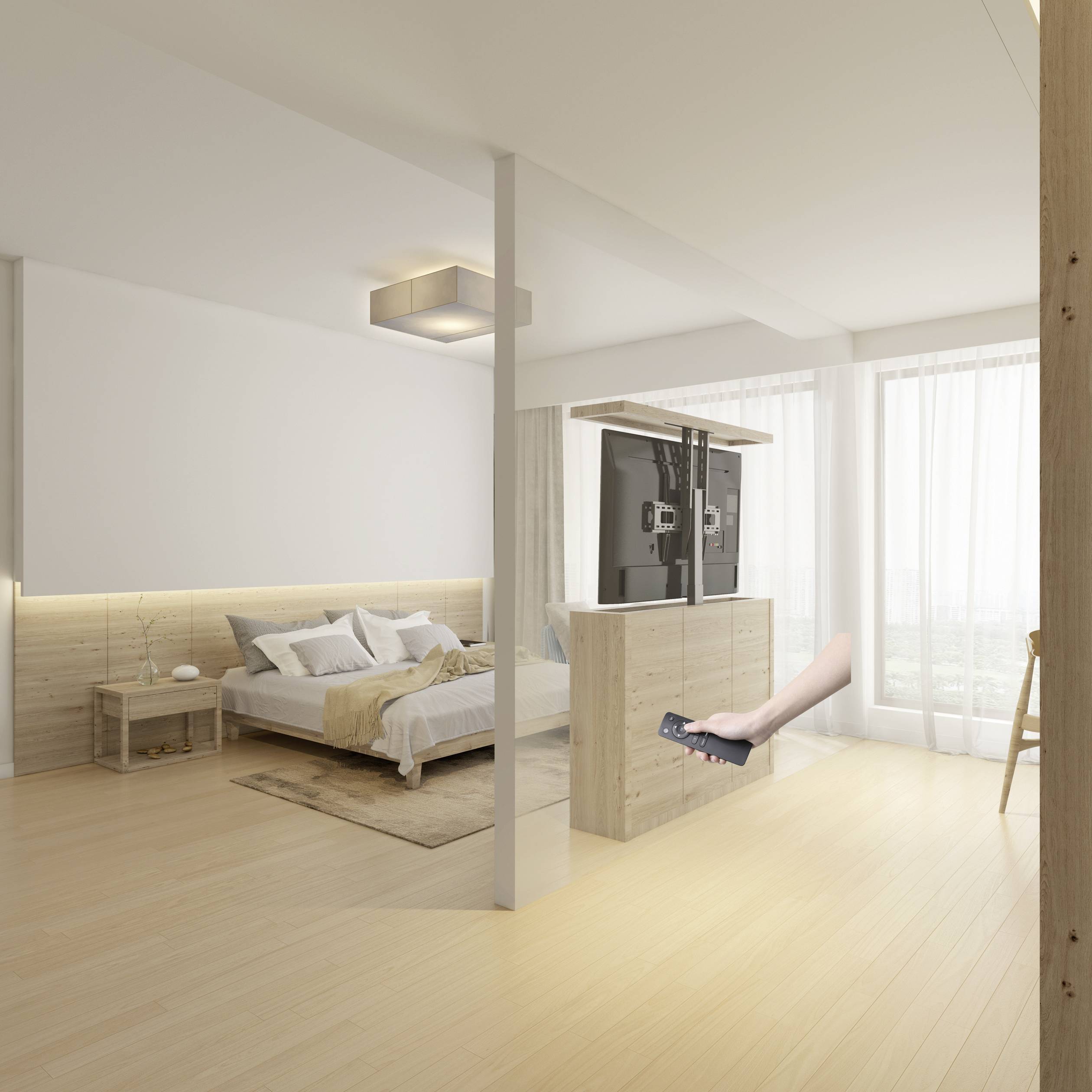 Ruimtelijke, moderne slaapkamer met houten vloer, een groot bed en witte gordijnen. Iemand houdt een afstandsbediening vast.
