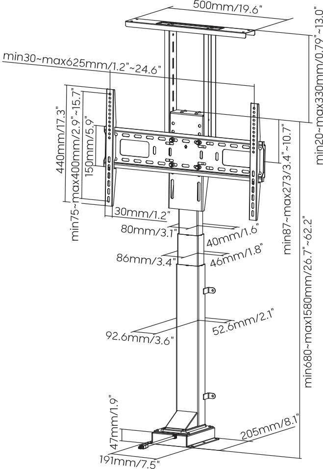 Technische tekening van een in hoogte verstelbare monitorstandaard met maatvoering in millimeters en inches.