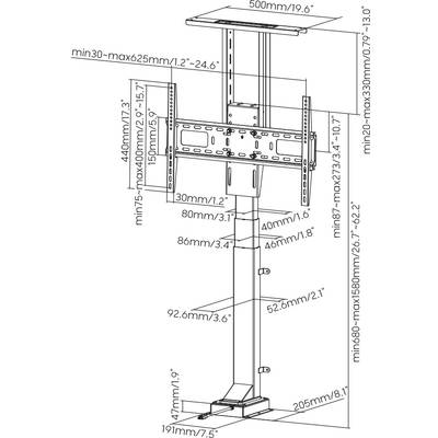 Technische tekening van een in hoogte verstelbare monitorstandaard met maatvoering in millimeters en inches.
