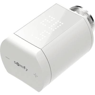 Elektronische radiatorthermostaat van Somfy in het wit met digitaal display dat de temperatuur weergeeft. Geschikt voor het regelen van de verwarming.
