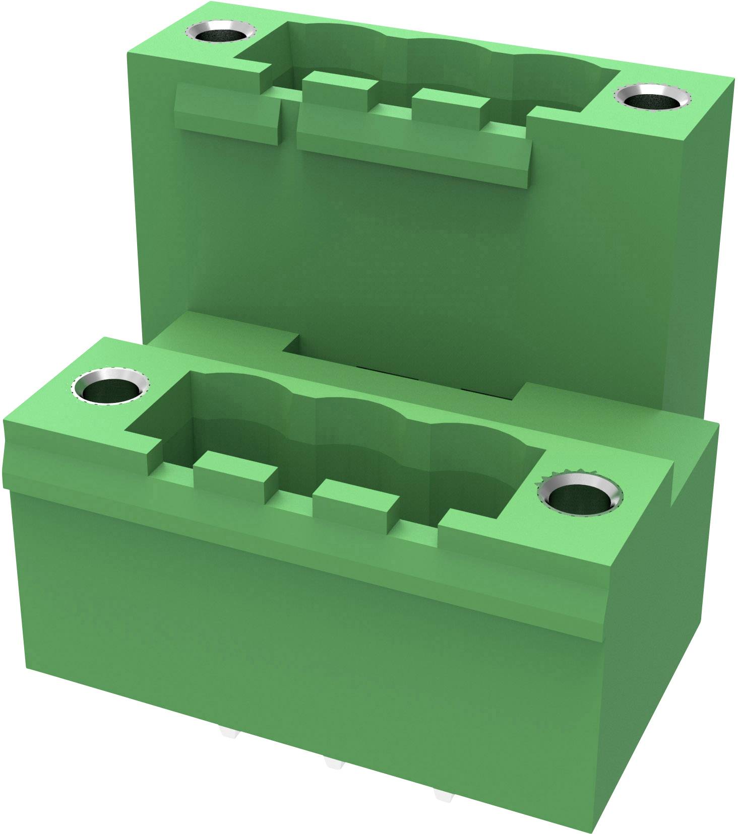 Groene stekkerverbinding, tweedelig en open weergegeven, met metalen contacten aan de hoeken. Belangrijkste toepassing in de elektronica.