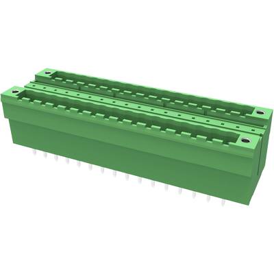 Groene elektrische stekker met meerdere metalen pinnen voor printplaat-montage, weergegeven vanuit zij-aanzicht.