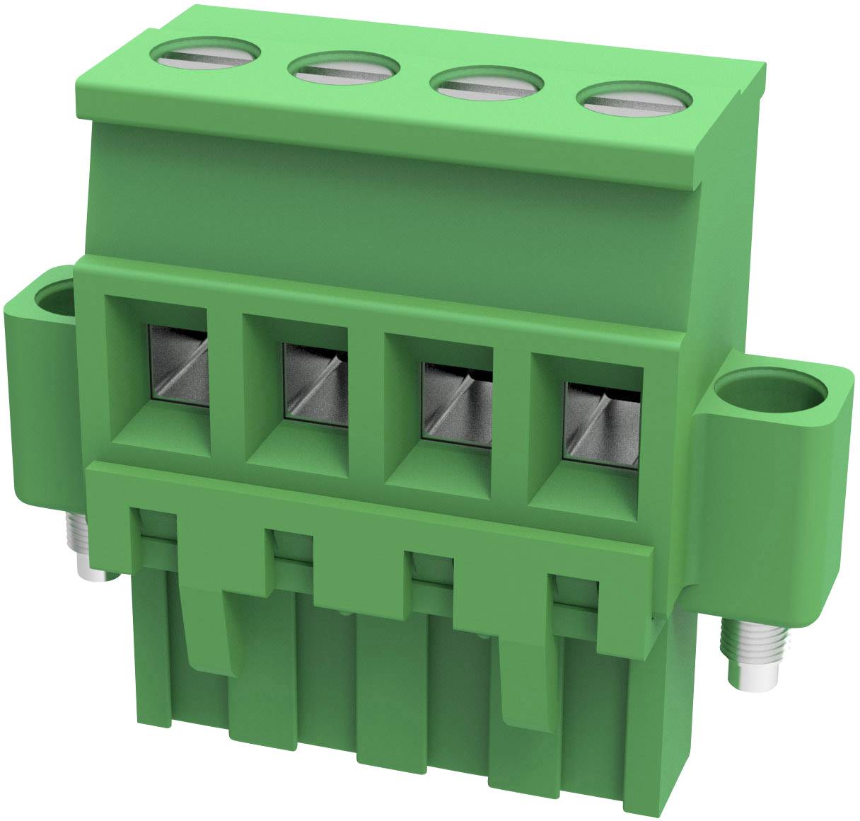 Groene elektrische stekkerverbinding met vier aansluitopeningen en twee schroeven, bedoeld voor kabelaansluiting in elektronische apparaten.