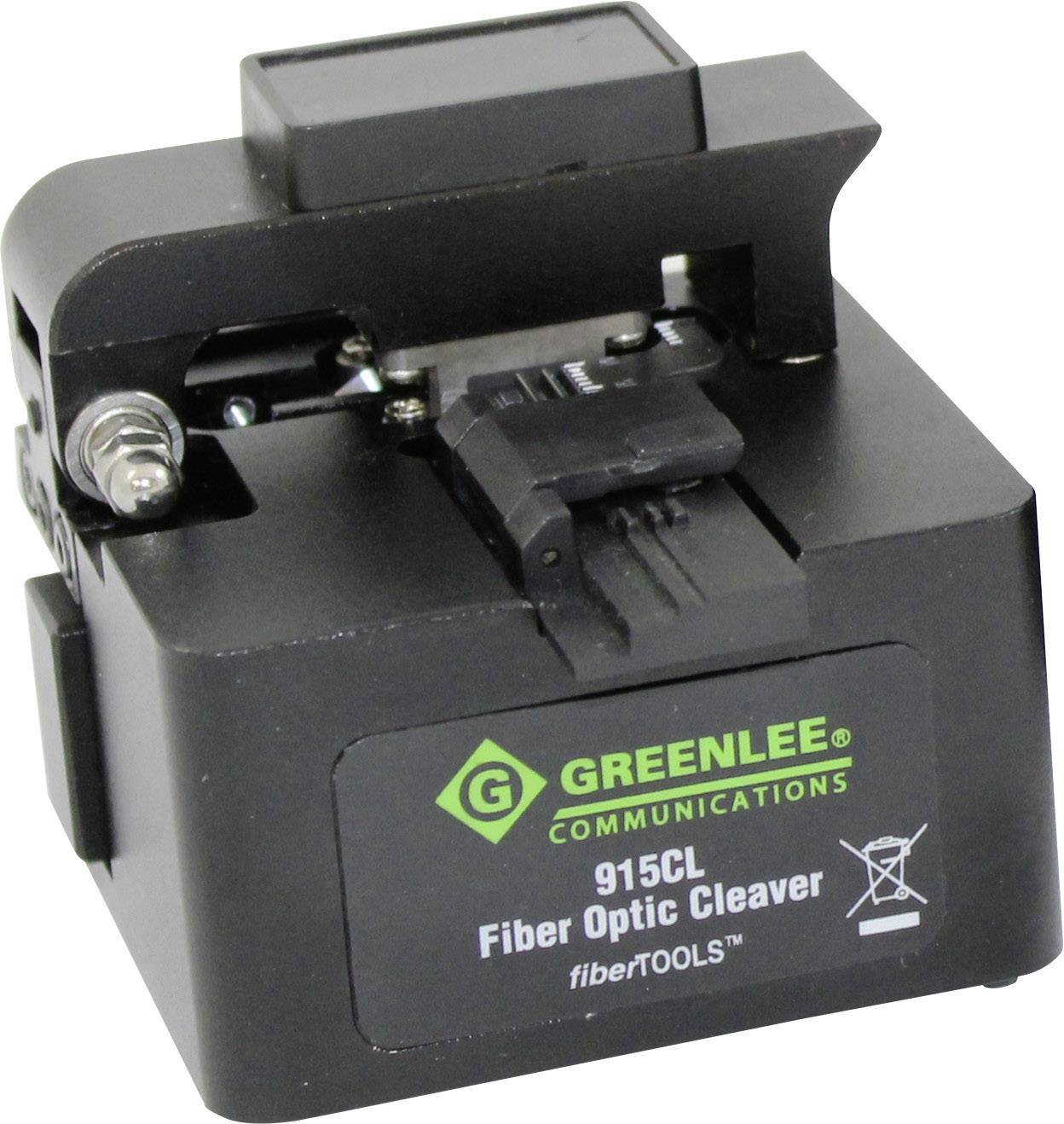 Zwarte glasvezelsnijder van het merk Greenlee, model 915CL, met groen bedrijfslogo en opschrift 'Fiber Optic Cleaver'.