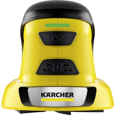 Geel Kärcher-reinigingsapparaat met zwarte handgreep. Voorkant toont bedieningsknoppen en het merklogo onderaan.