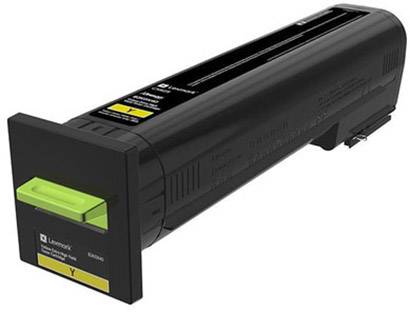 Tonereenheid met een geel etiket, geschikt voor Lexmark-printers. Cilindrische vorm, overwegend zwart van kleur met een groene handgreep.