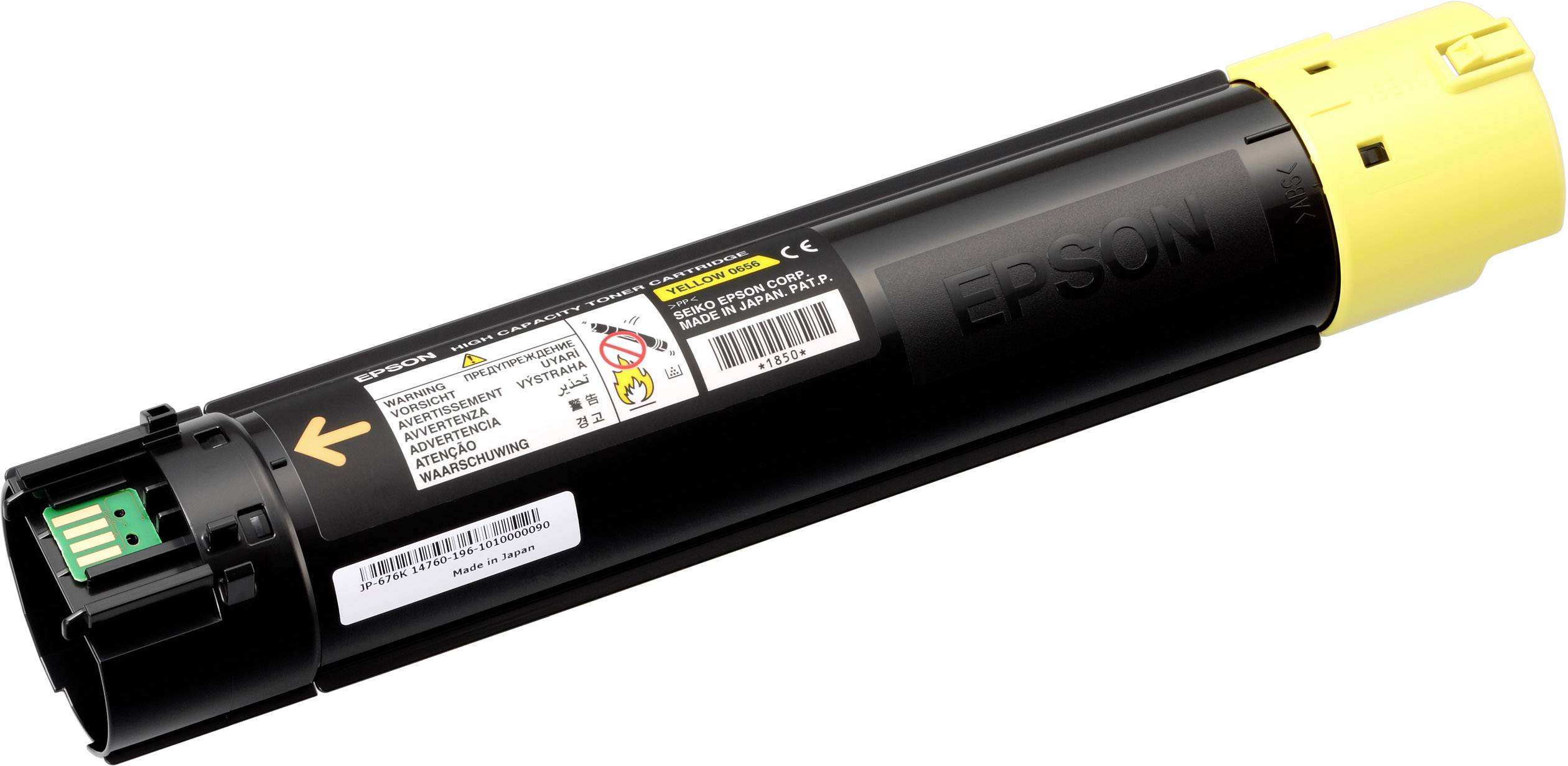 Gele Epson-tonerpatroon voor printer, cilindrische vorm, met etiket en veiligheidswaarschuwingen, aansluitcontacten zichtbaar.