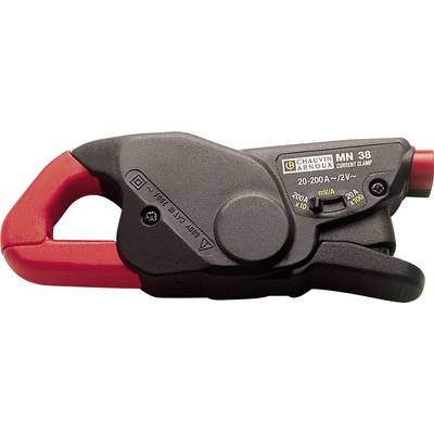 Een stroomtang-ampèremeter met rood-zwart design. Aanduidingen op het apparaat tonen een meetbereik van 20-200 A.