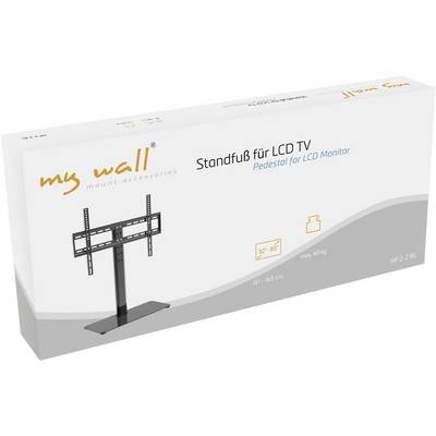 Verpakking van een 'my wall' standaard voor LCD-TV, geschikt voor 32-65 inch, hoogteverstelbaat van 81-165 cm, maximaal 40 kg.