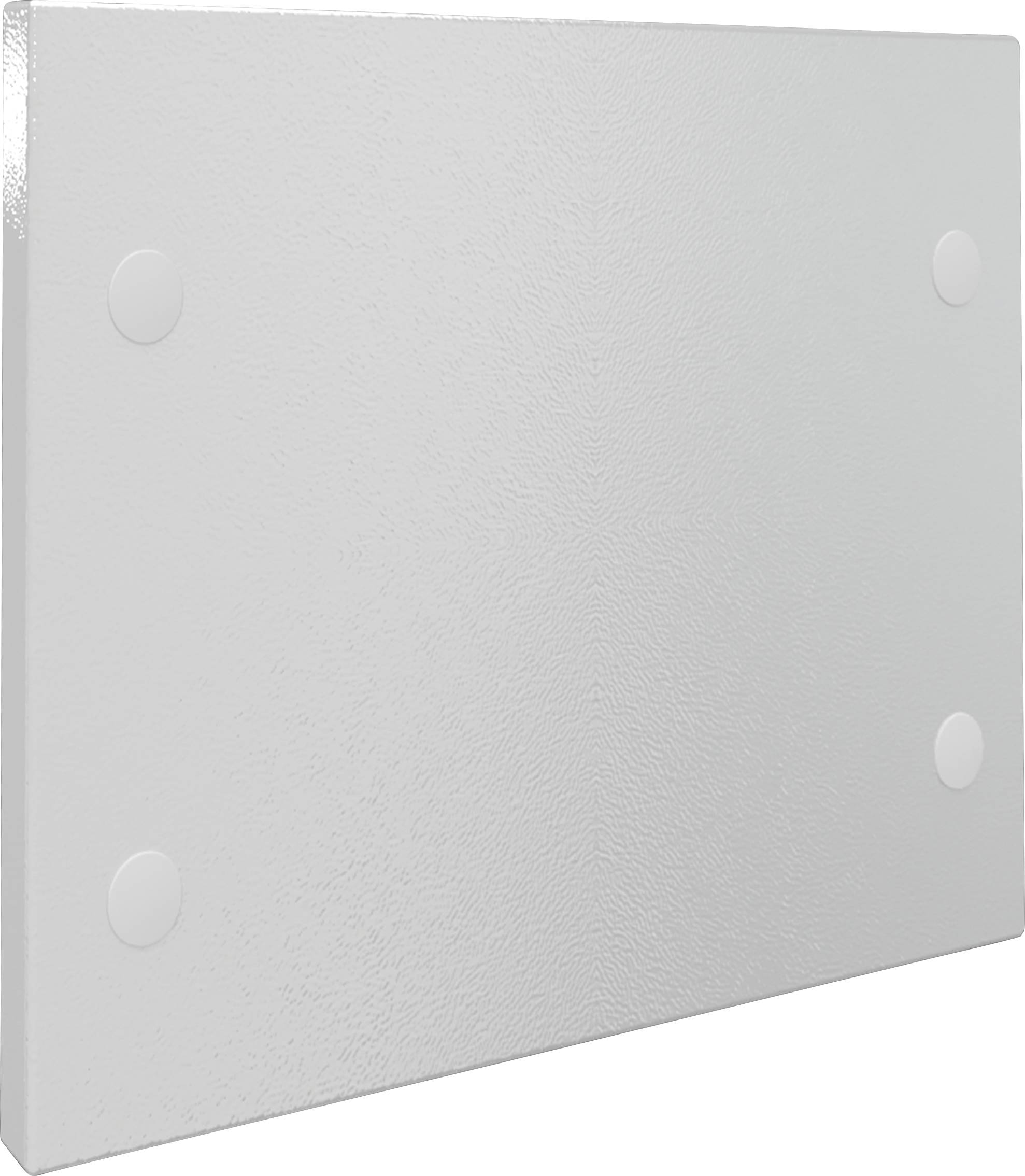 Witte, platte metalen plaat met vier ronde bevestigingspunten in de hoeken.