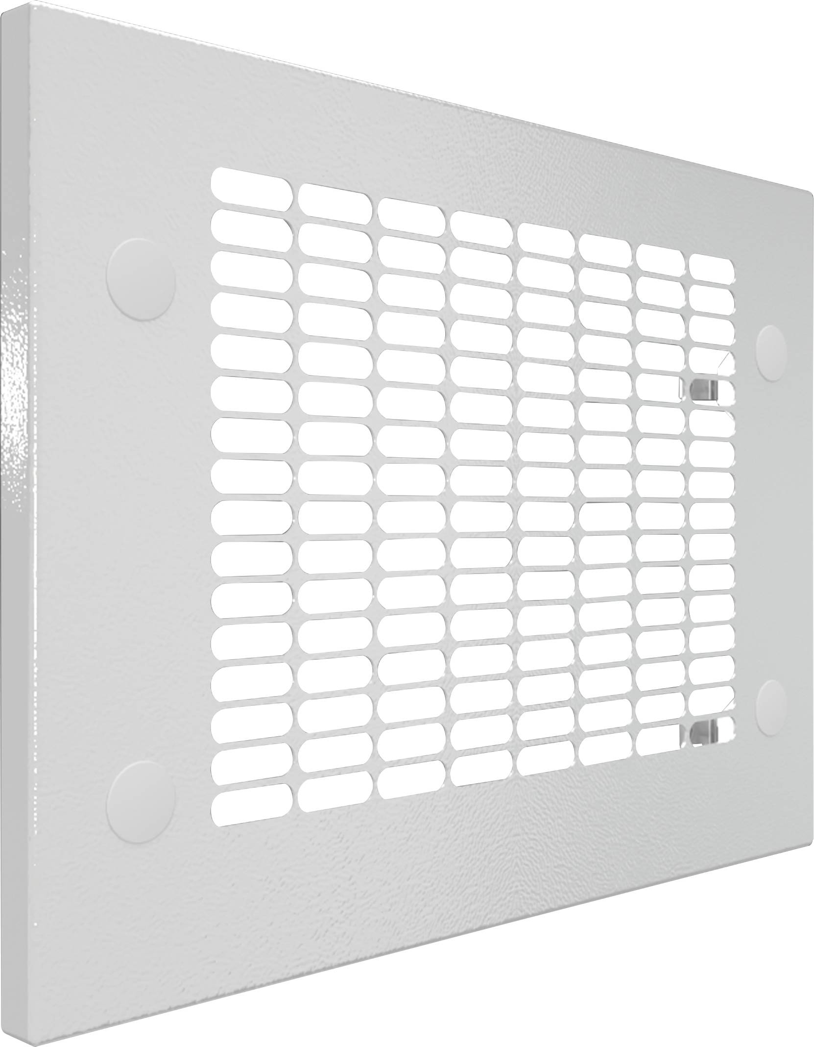 Metalen rooster afdekking in rechthoekige vorm met smalle horizontale ventilatiesleuven en vier bevestigingspunten.