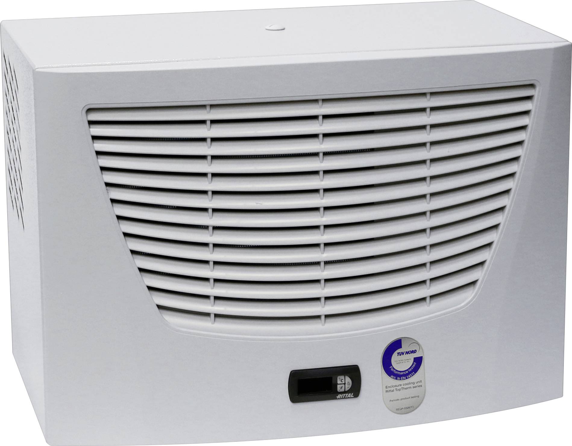 Een witte luchtontvochter met een ventilatierooster aan de voorkant. Onderaan bevindt zich een digitaal display.
