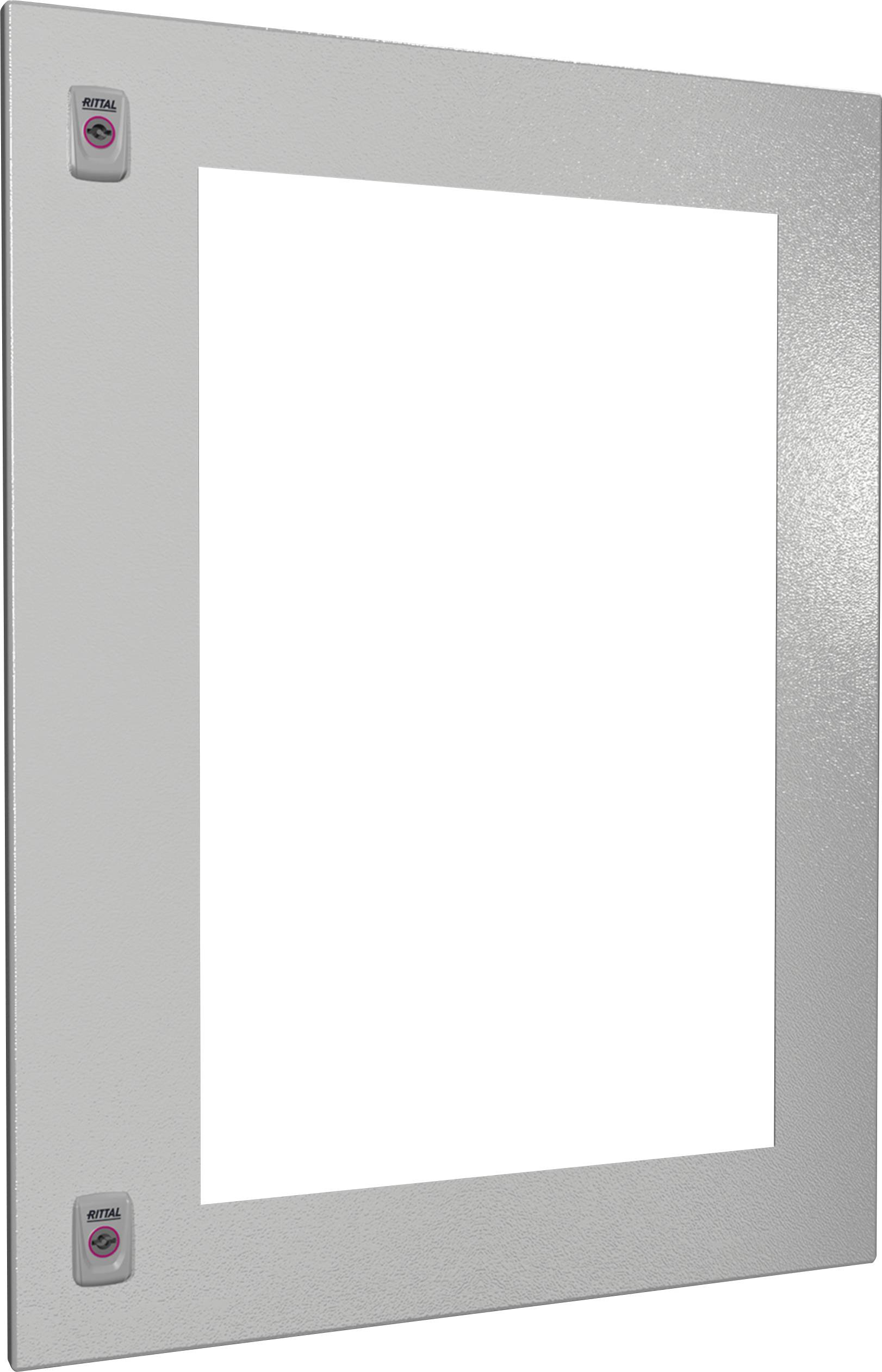Een rechthoekig metalen frame met twee kleine knoppen in de bovenste en onderste hoeken.