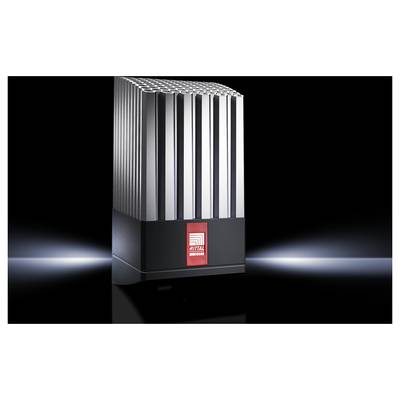 Een zilveren heatsink met zwarte randen en een 'Rittal'-logo in het midden, verlicht tegen een zwarte achtergrond.