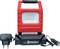 Een rood, draagbaar LED-werkverlichting met netstekker en auto-oplader van het merk 'AccuLux'. Ideaal voor flexibele verlichting.