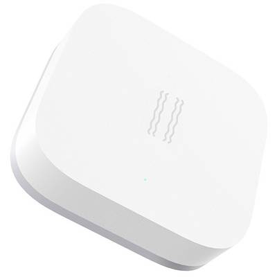 Een witte, vierkante wifi-router met afgeronde hoeken en een oplichtend blauw puntje aan de voorkant.