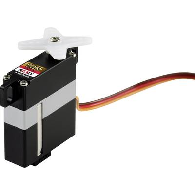 Kleine, rechthoekige servomotor met een wit kunststof arm met vier bladen, waaraan een rood-geel kabel is bevestigd.
