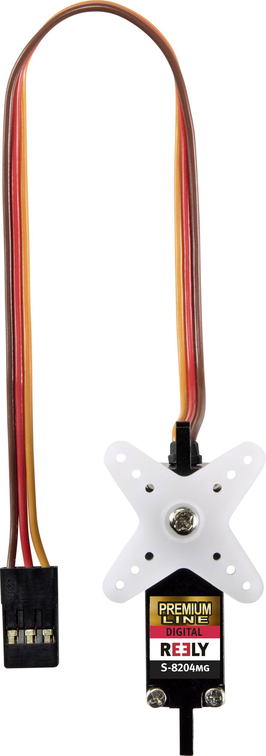 Servomotor met driekleurige kabels en witte tandwielaansluiting, gemarkeerd met 'Premium Line Digital'.