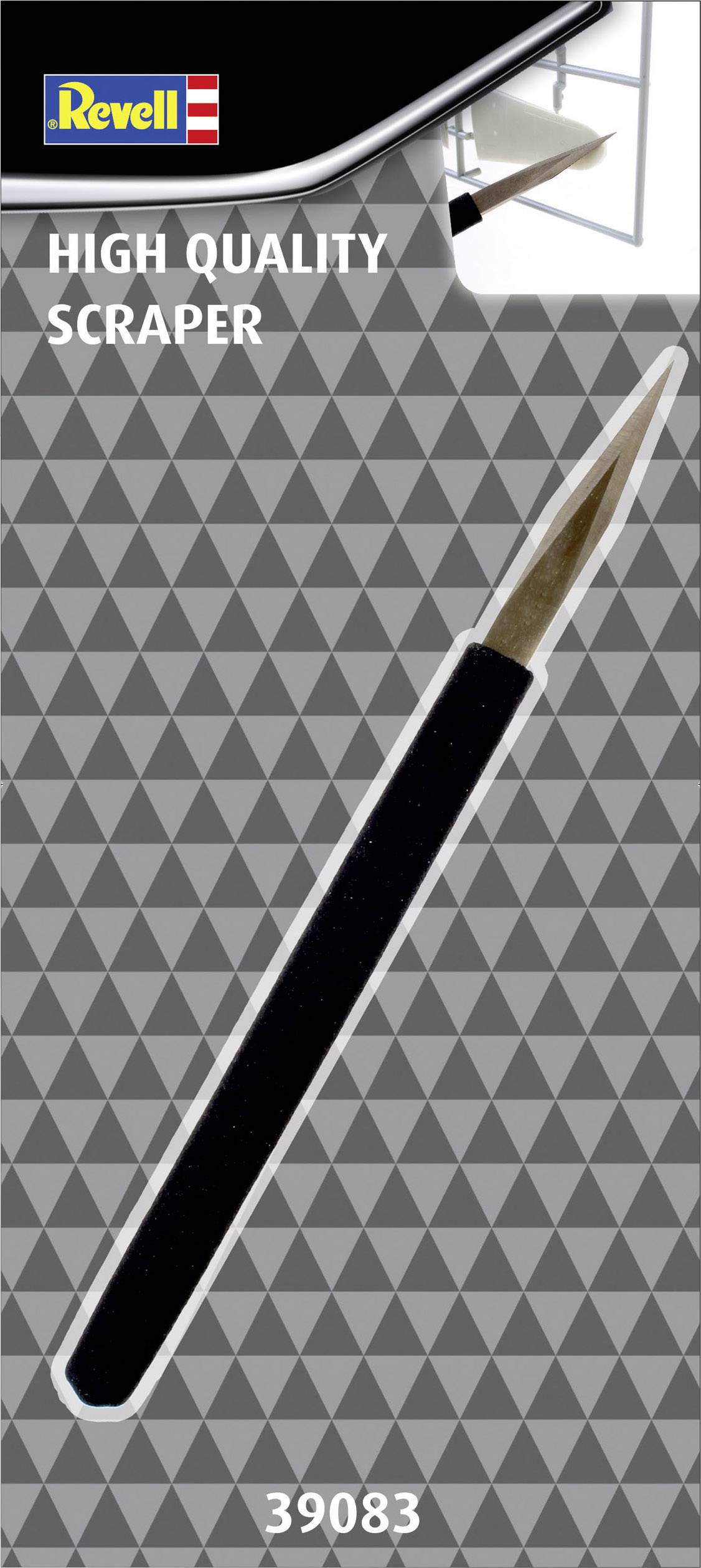 Hoogwaardige schraper van Revell, artikelnummer 39083, afgebeeld op een verpakking met geometrische achtergrond.