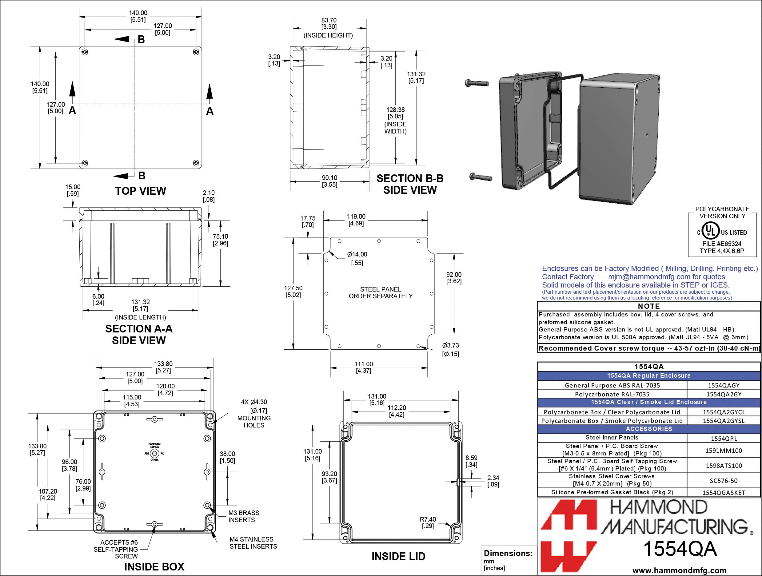 Tekening van een rechthoekig metalen behuizing met afmetingen, bovenaanzicht en zijaanzicht, doorsnede-weergaven en specificaties. Fabrikant: Hammond Manufacturing.