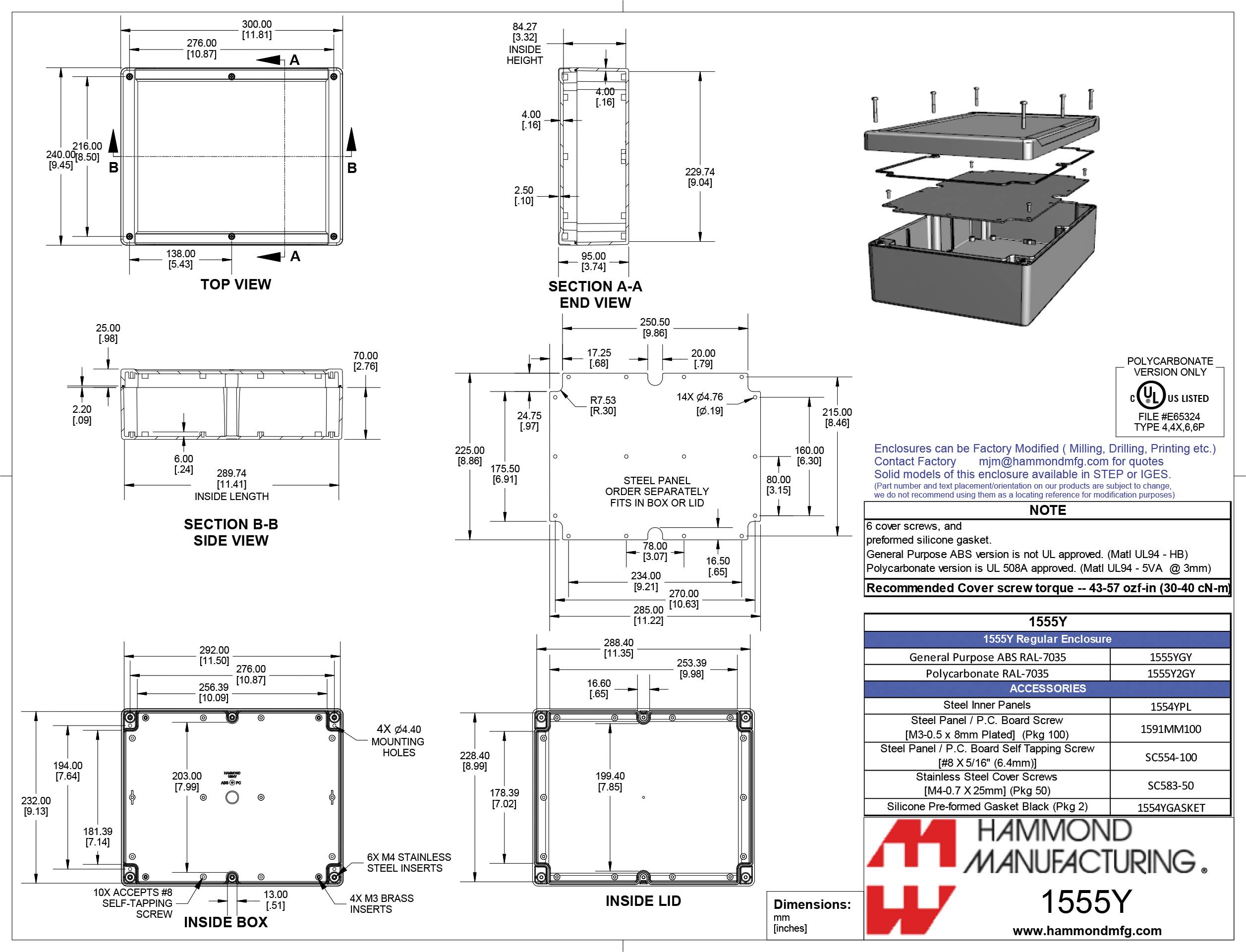 Technische tekening van een behuizing met bovenaanzicht, zijaanzicht en binnenaanzicht. Afmetingen en details voor fabricage vermeld.