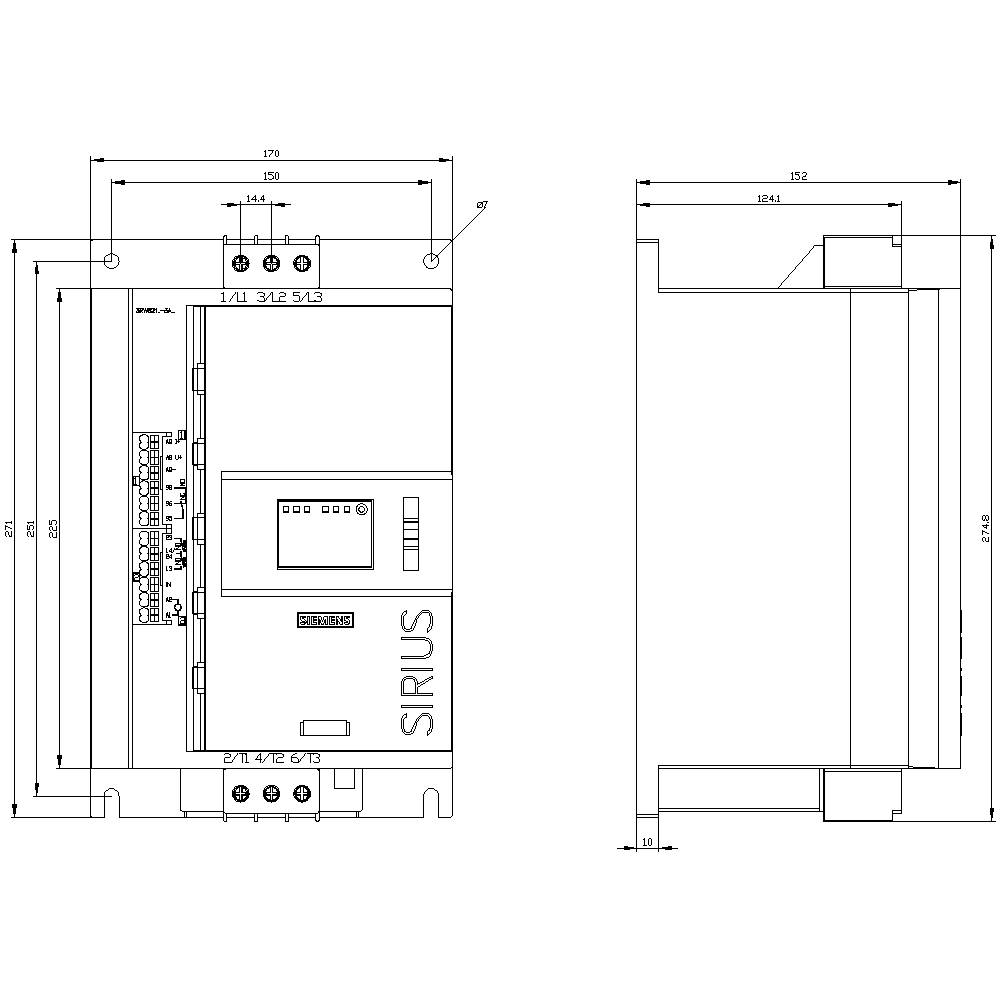 Technische tekening van een elektrisch apparaat met maatvoering. Vooraanzicht en zijaanzicht toont componenten en elektrische aansluitingen.