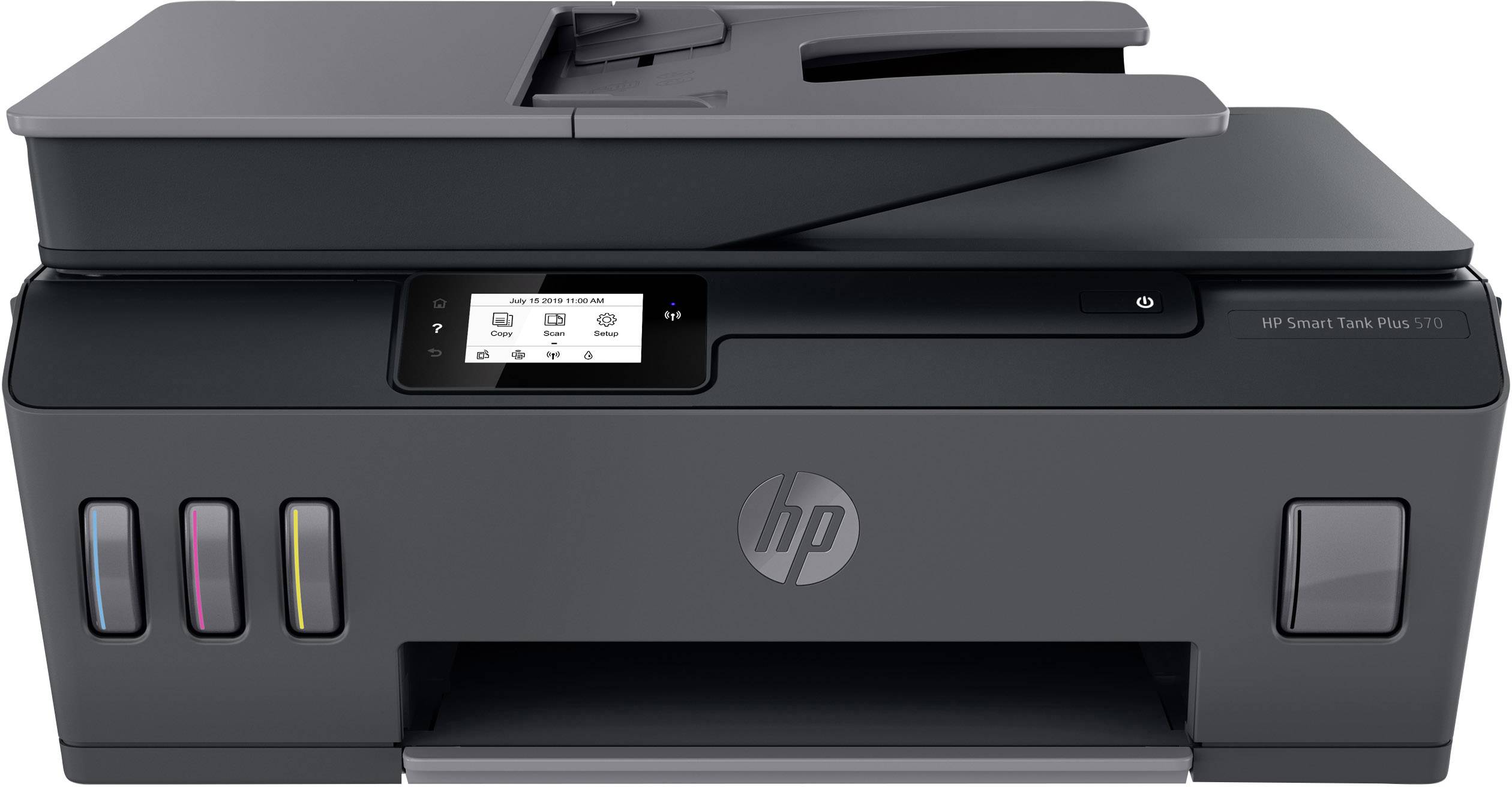 Een zwarte multifunctionele printer met scanner bovenop en vier zichtbare inktreservoirs aan de voorkant. Scherm met bedieningsknoppen.