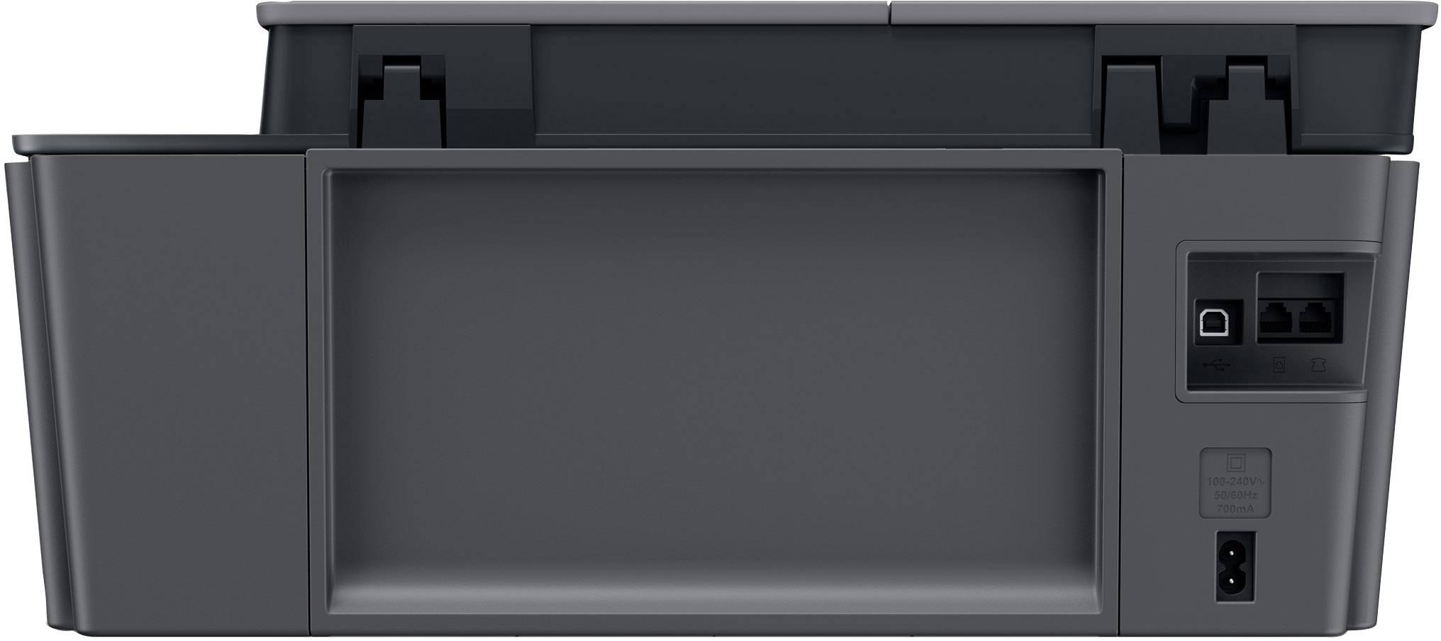 Een printer van achteren toont aansluitingen voor stroom- en USB-kabels, evenals een Ethernet-poort.