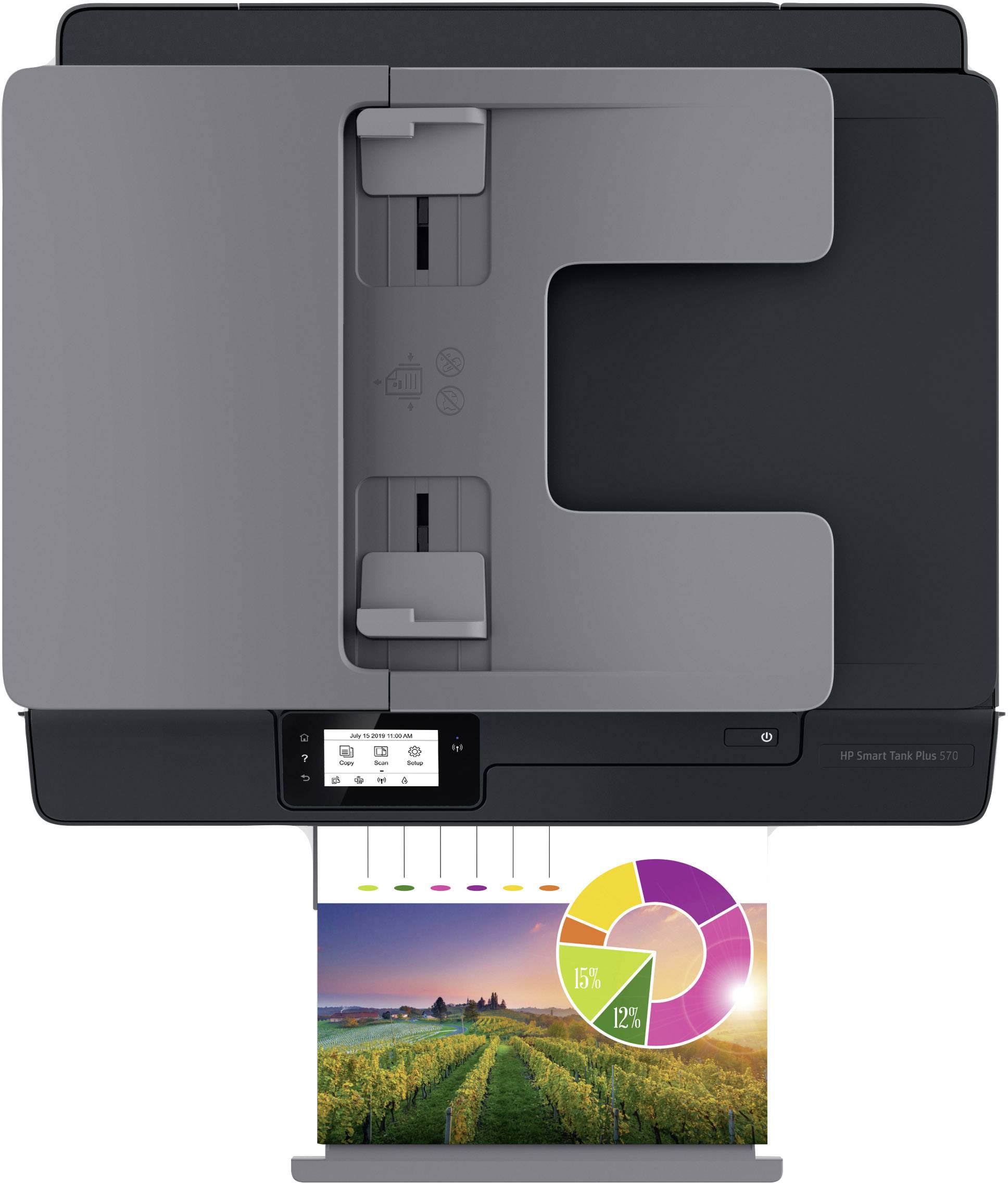 Printer van bovenaf, die een kleurenfoto van een landschap afdrukt. Een diagram toont '15%', '12%' en '11%' in verschillende kleuren.