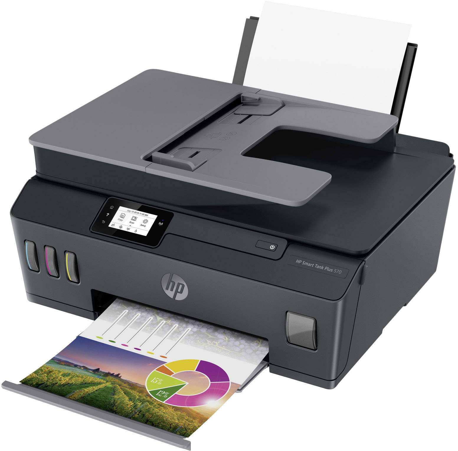 Een printer drukt een gekleurd diagram af. Op de afbeelding zijn gekleurde vlakken met de vulstandsindicatie van de inktpatronen zichtbaar.