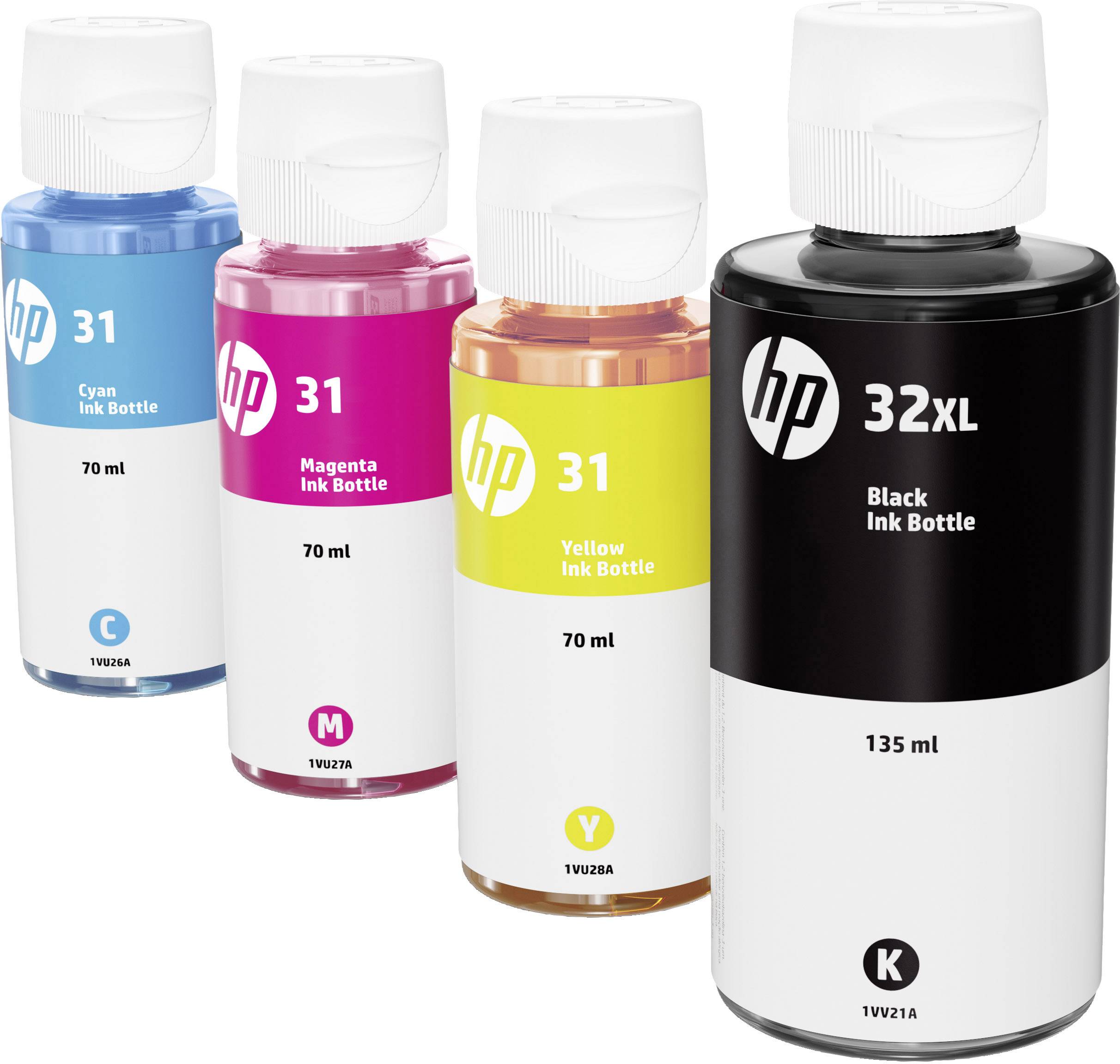Vier HP inktflacons: Blauw (Cyaan), Magenta, Geel en Zwart (XL). Elke fles toont de hoeveelheid in ml.