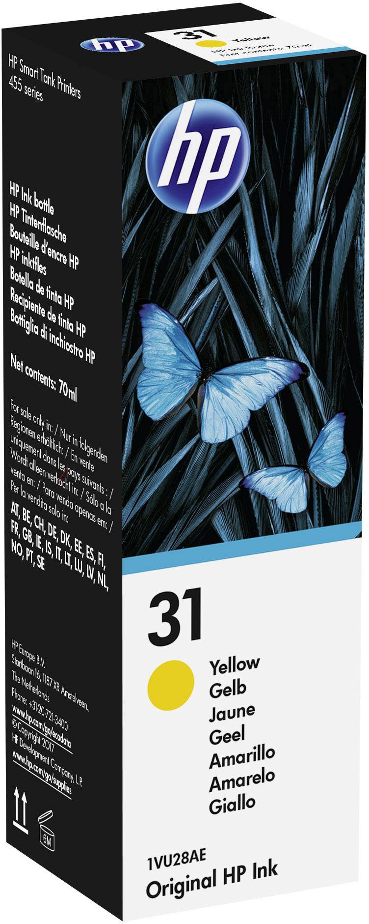 HP inktpatroon verpakking met blauwe vlinders op een zwarte achtergrond. Tekst beschrijft de kleur geel en serienummer.