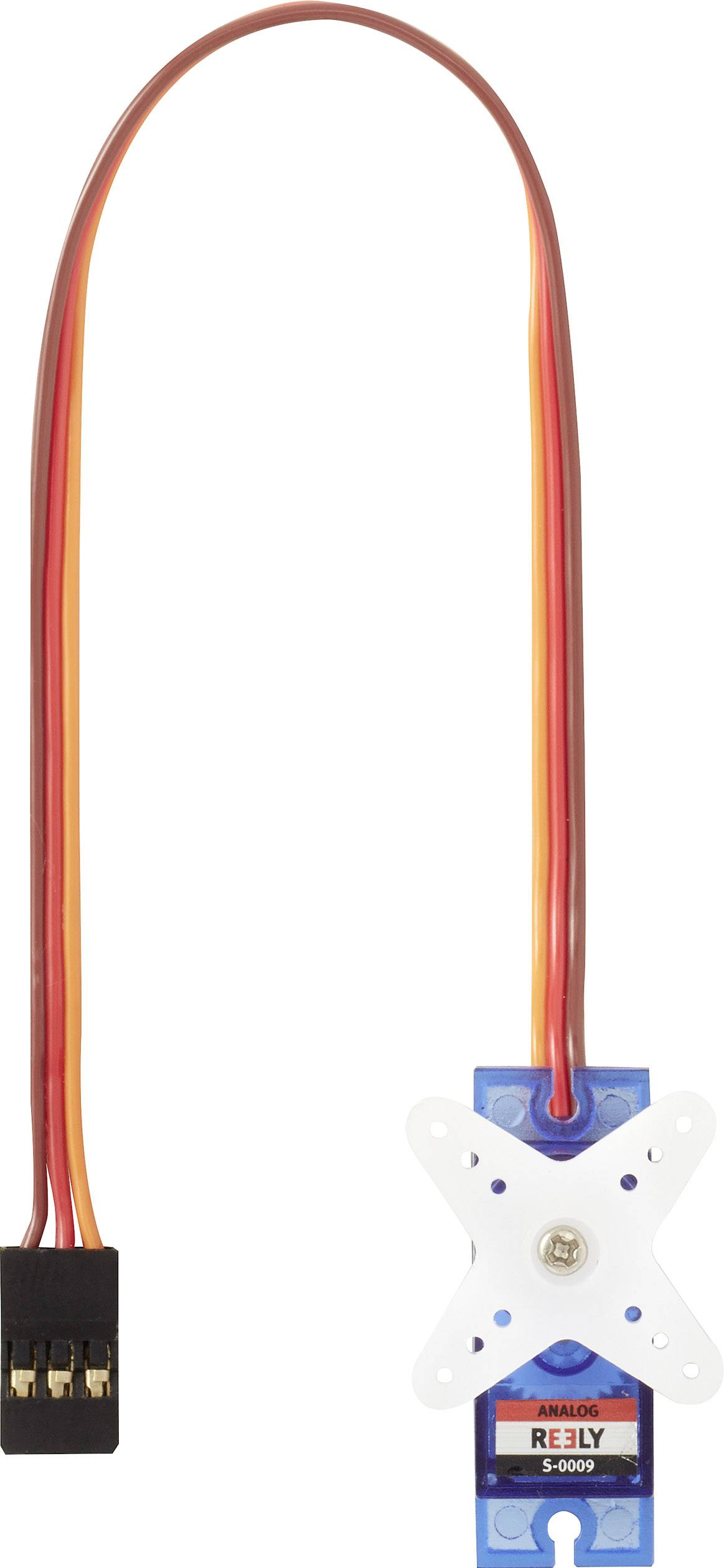 Een blauwe analoge R/C-servo met kruiskoppeling en meerkleurige kabel, geschikt voor modelbouw en robotica.