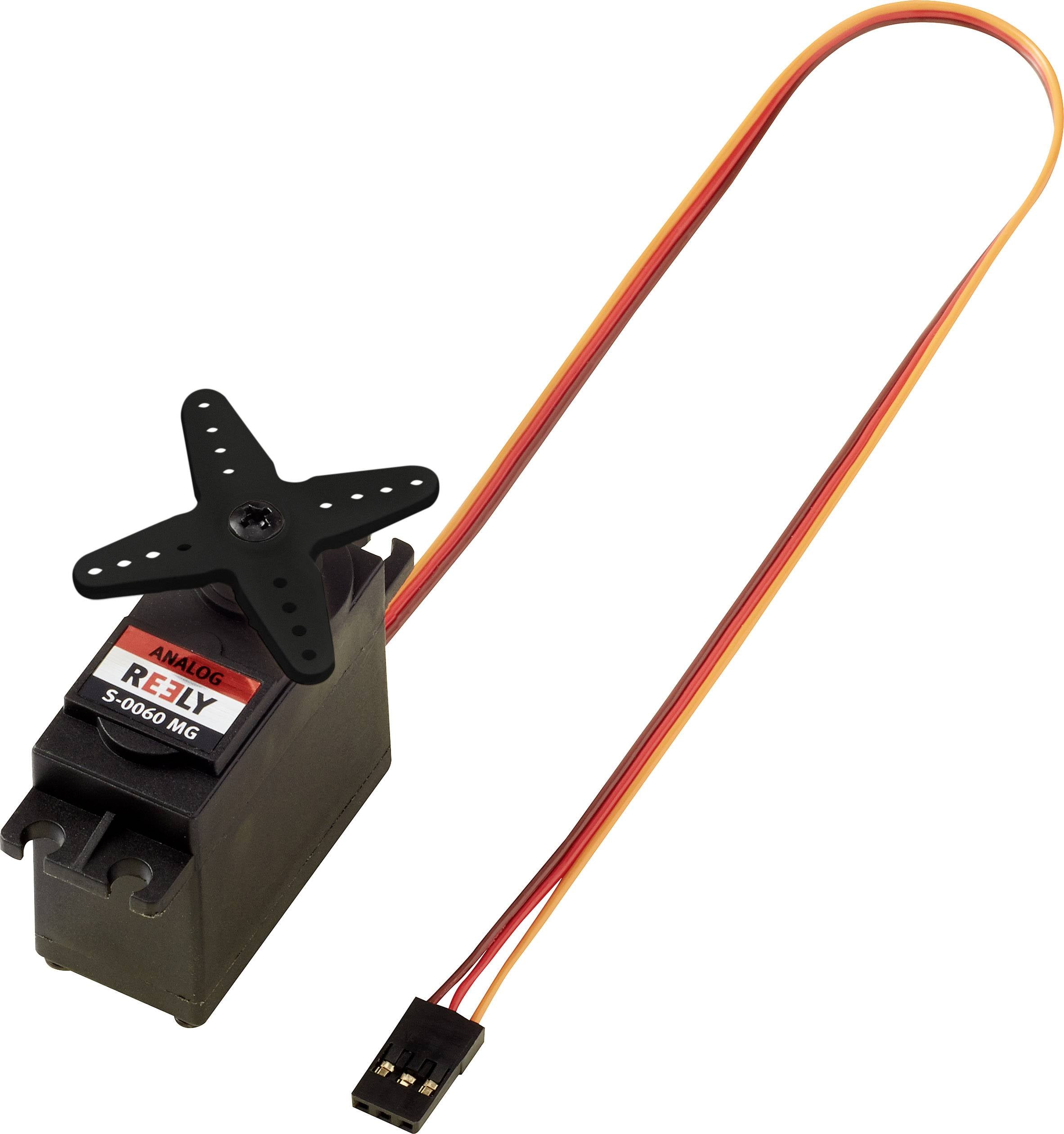Een kleine, zwarte analoge servomotor met een kruisarm en een daaraan bevestigde rood-gele kabel met stekker.