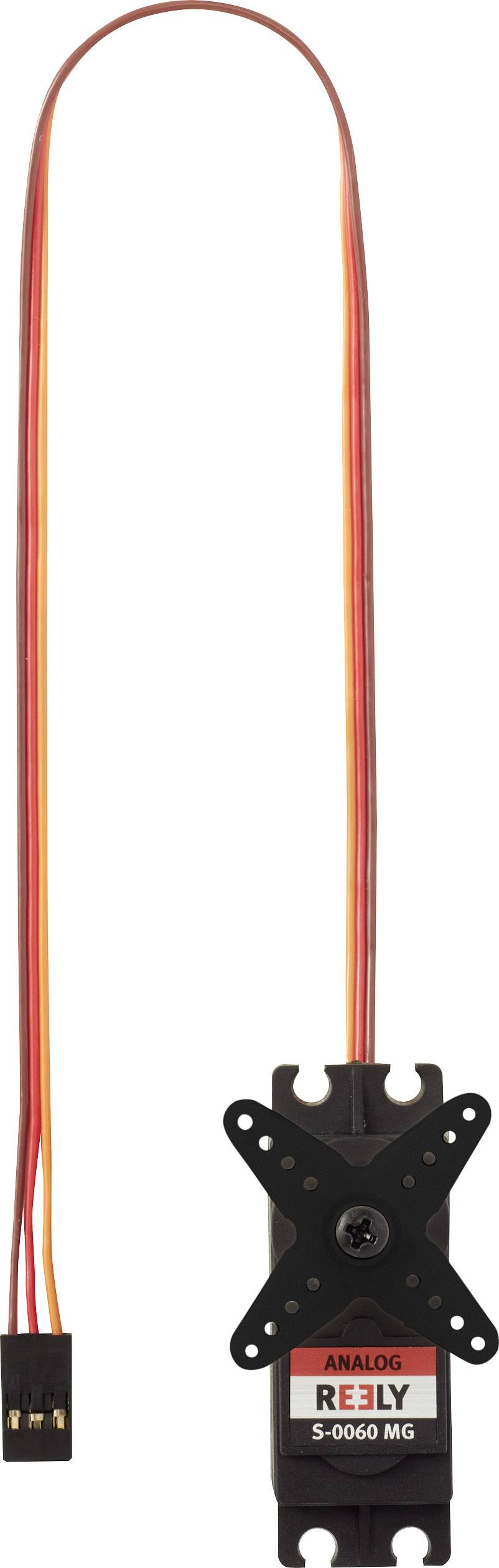 Een analoge servo met modelnummer 'S-0500 MG' en merknaam 'Reely', met een lang kabel en een stekkerverbinding.