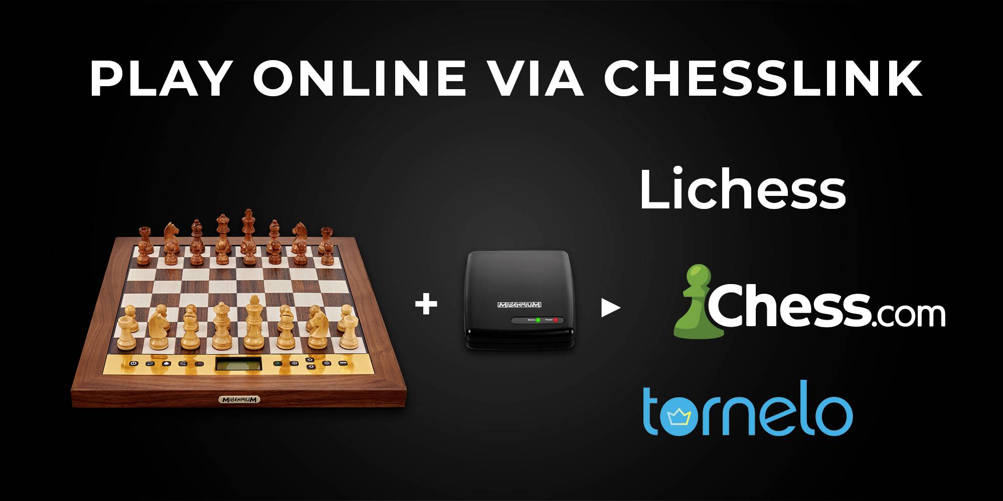 Schaakbord en apparaat voor online schaken op platforms zoals Lichess, Chess.com en Tornelo. Tekst: 'Speel online via ChessLink'.