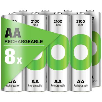 Acht oplaadbare AA-batterijen, 2100 mAh, groen-wit ontwerp, geschikt voor herhaaldelijk gebruik.