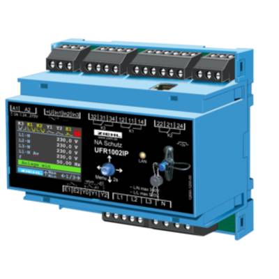 Een blauw elektrisch beschermingsapparaat met meerdere aansluitingen en een klein display dat actuele meetwaarden weergeeft.