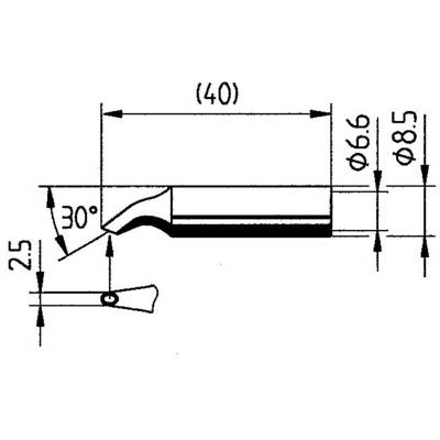 Technische tekening van een gereedschap met afmetingen: lengte 40 mm, hoek 30 graden, diameter 6,6 mm en 8,5 mm, hoogte 25 mm.