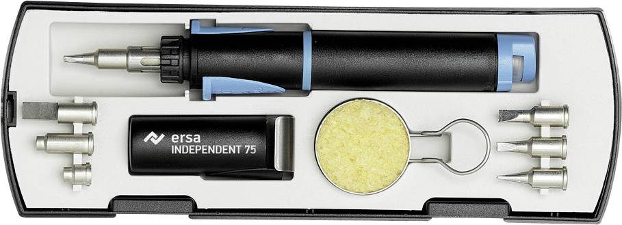 Soldeerbout-set met vijf verschillende punten, spons en gascilinderVerpakt in een rechthoekige etui.