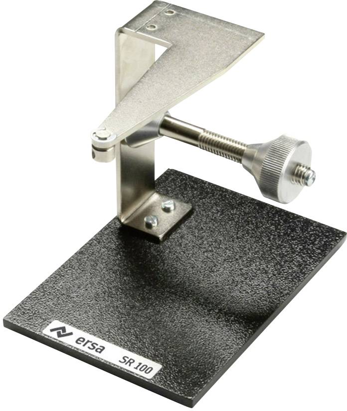 Soldeersteun met metalen klem en schroef op een stabiele basis, gekenmerkt door 'ersa SR 100', maakt precisiesoldeerwerk mogelijk.