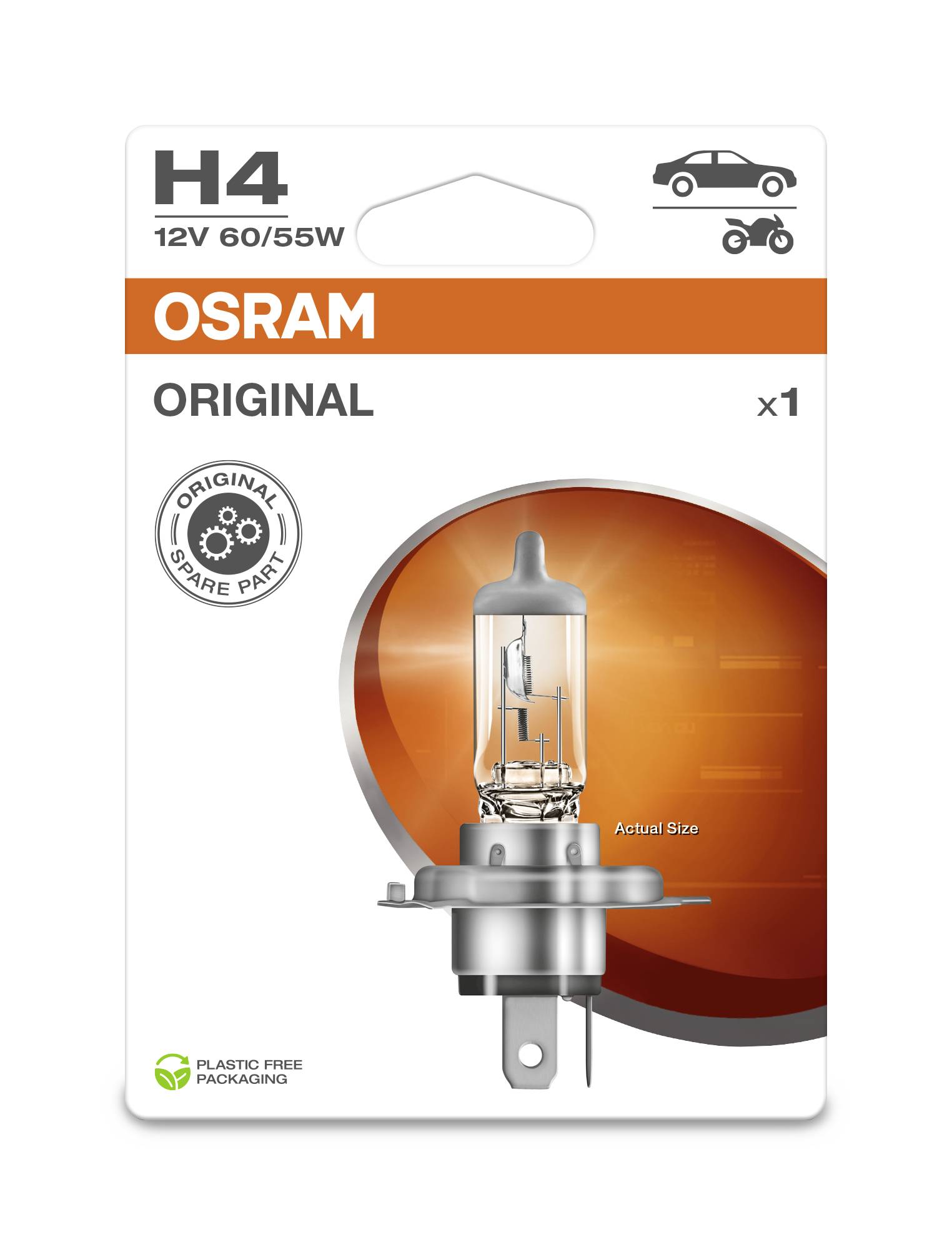 H4 12V 60/55W OSRAM Original Gloeilamp, geschikt voor auto's en motorfietsen. De verpakking is kunststofvrij.