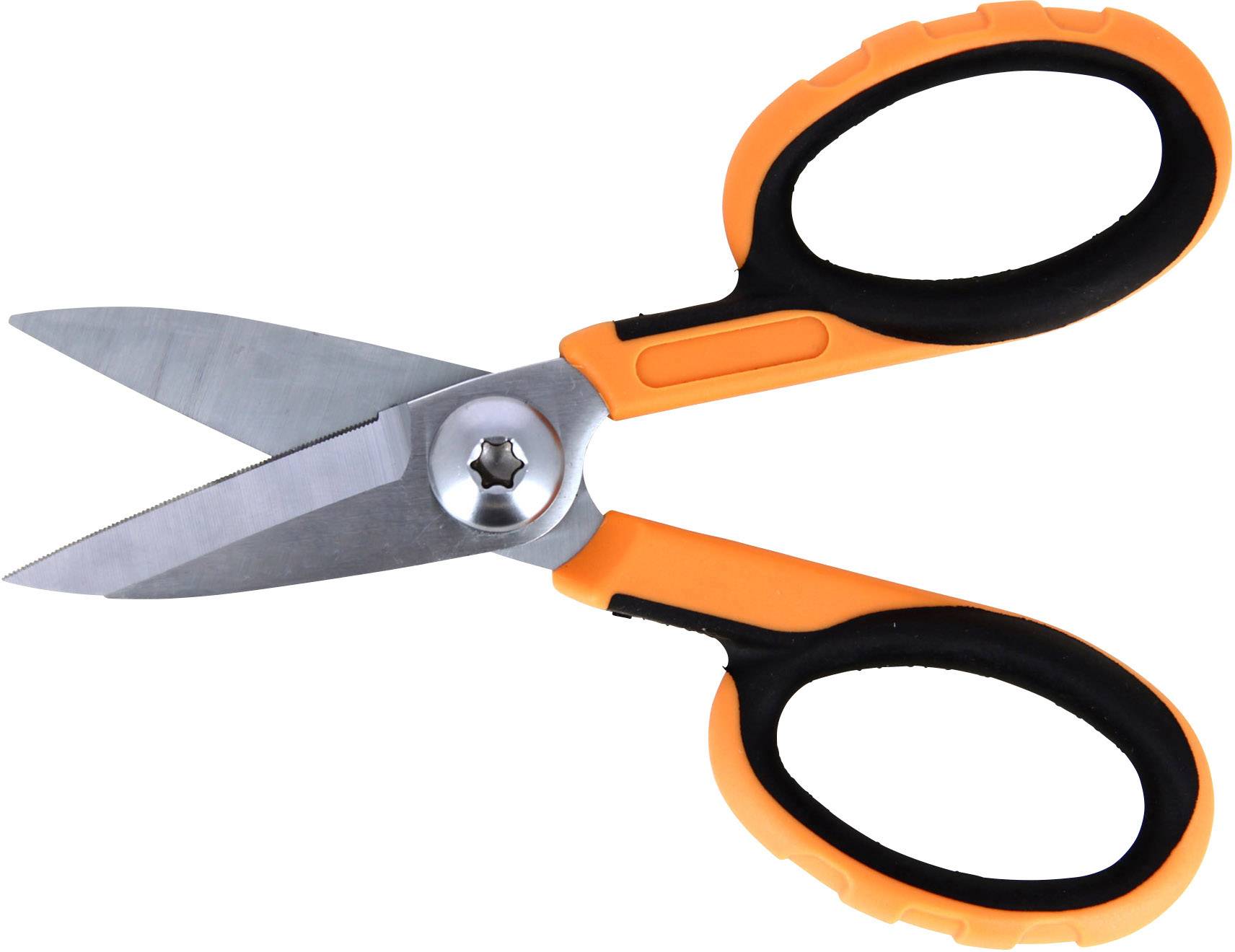 Een schaar met oranje handgrepen en een zwarte bekleding, geopend.