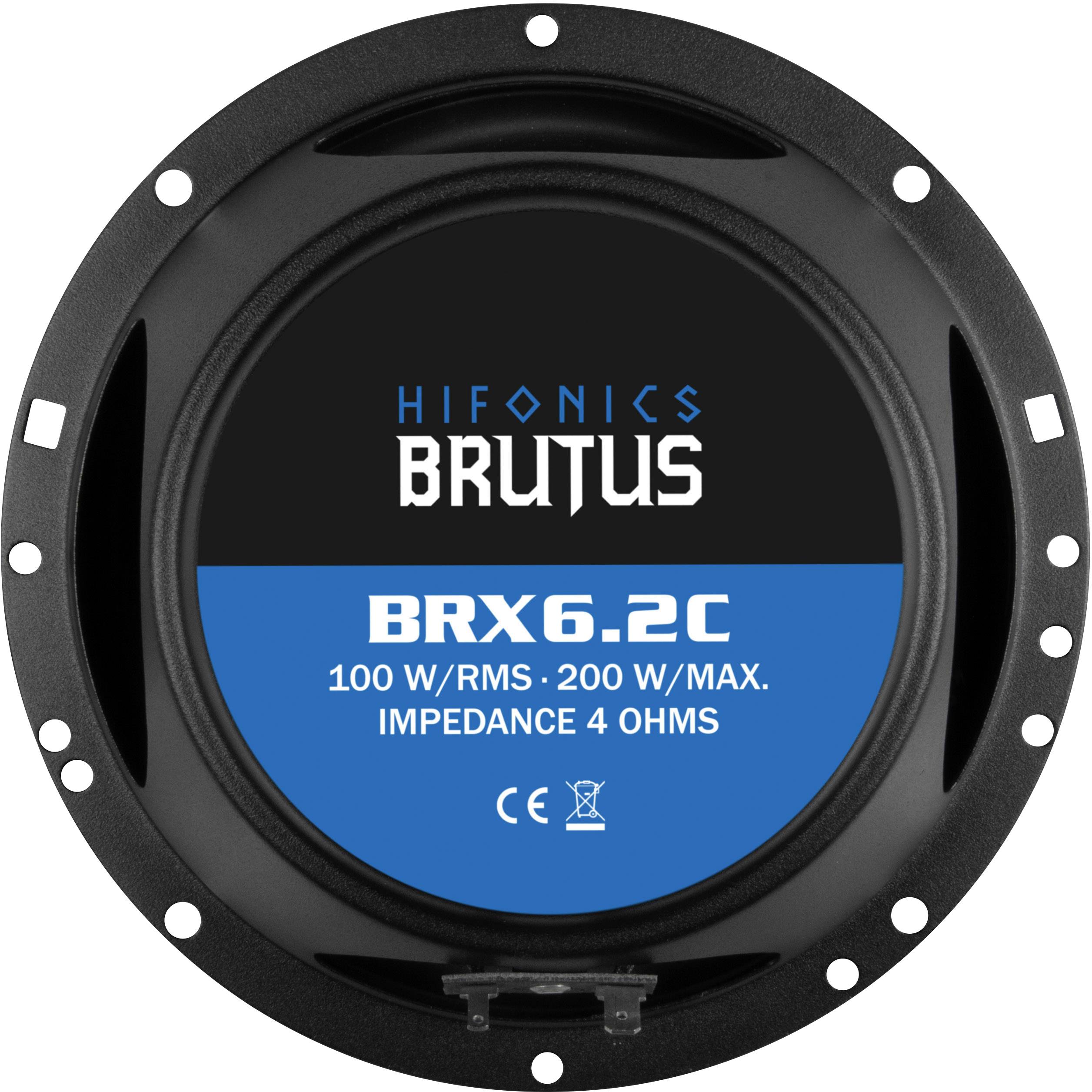 Luidsprekers met de opschrift 'HIFONICS BRUTUS BRX6.2C, 100 W/RMS - 200 W/MAX. IMPEDANTIE 4 OHM'.