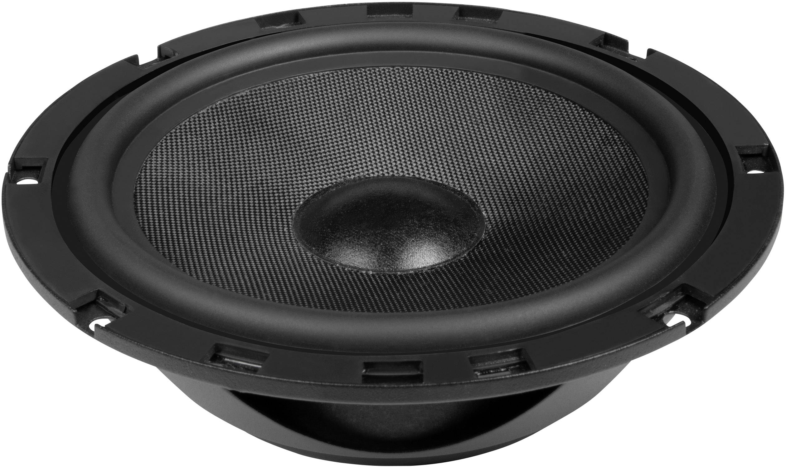 Een zwarte luidspreker close-up, waarbij de membraan en de buitenste rand zichtbaar zijn. Ideaal voor audio- en muziekapplicaties.