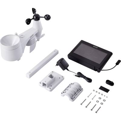 'Weerstation met sensoren, display, bevestigingsbeugels en montagemateriaal. Toont temperatuur- en weergegevens.'