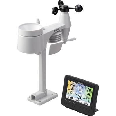 Weerstation met display. Toont temperatuur, luchtvochtigheid, windsnelheid en hoeveelheid neerslag. Meetapparaat op de achtergrond.